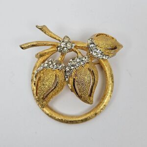 BSK Brooch Pin Crystal Rhinestone Floral Flower Leaf Branch Gold Tone Vtg MCM 60